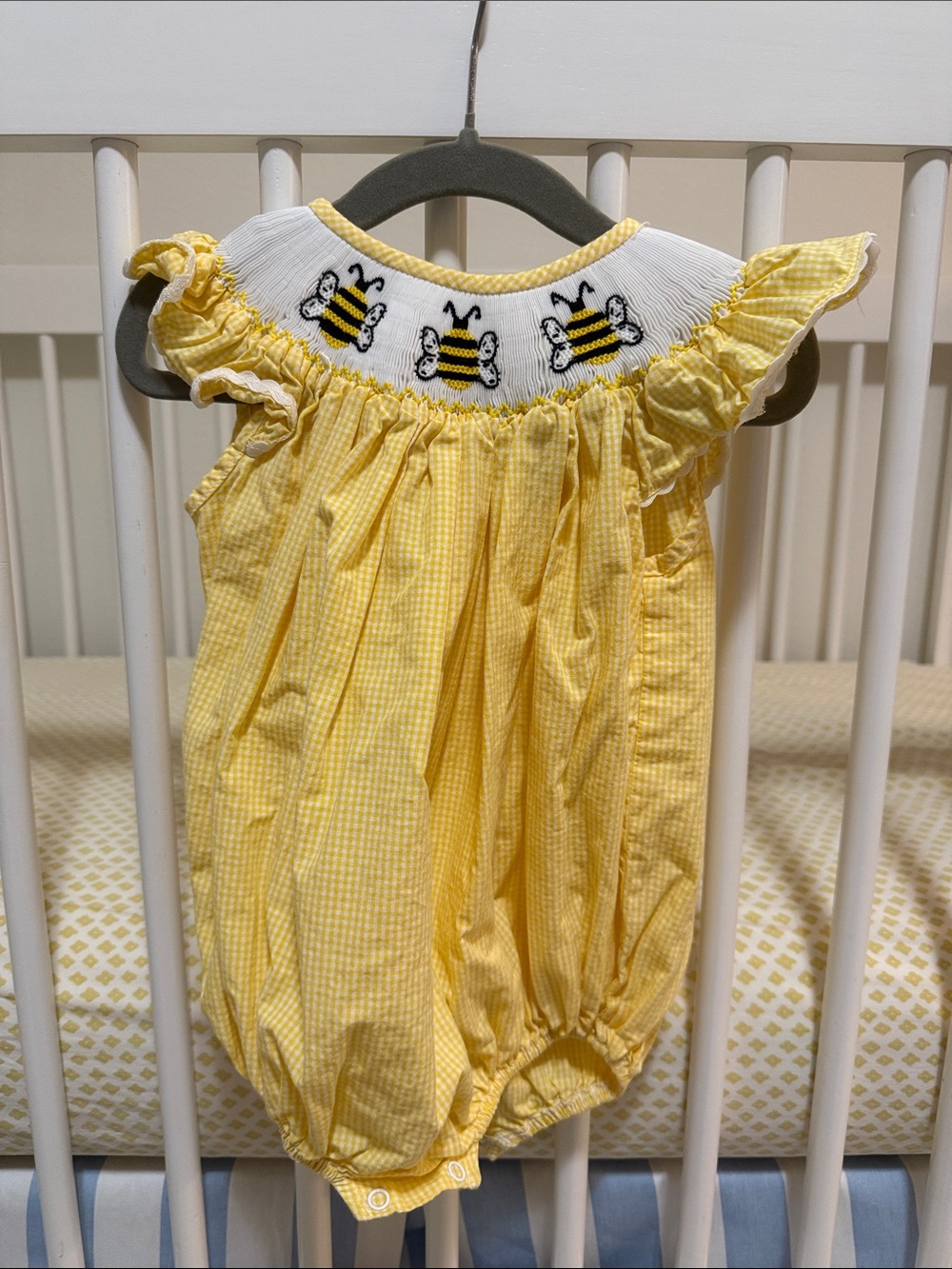 Yellow Bumble Bee Smocked Bubble with Ric Rac Flutter sleeves